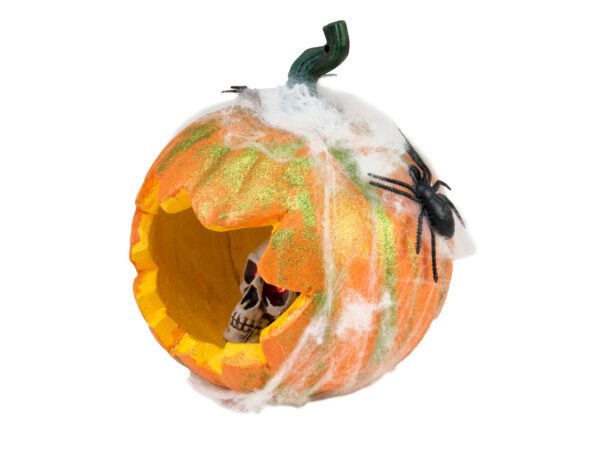 Halloween dýně v pavoučí síti s LED lebkou, 25 cm - Image 2