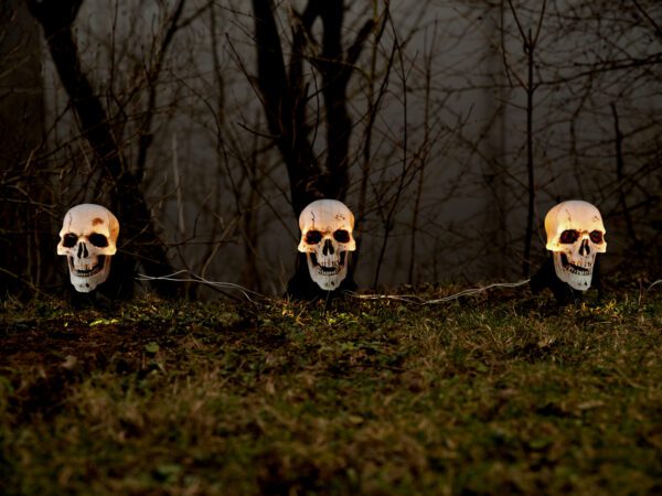 Halloweenské svítící lebky s kolíky, sada 3 ks, 29cm - Image 4