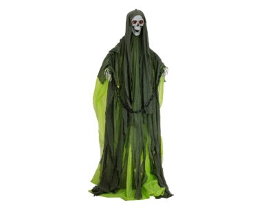 Halloween postava kostry se zeleným pláštěm, pohyblivá, 170 cm