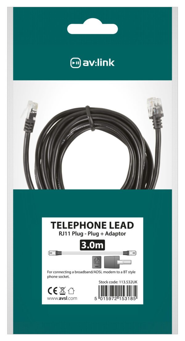 AV:link kabel telefonní 2x RJ11 6P4C samec s redukcí na BT431A, černý, 3m - Image 3