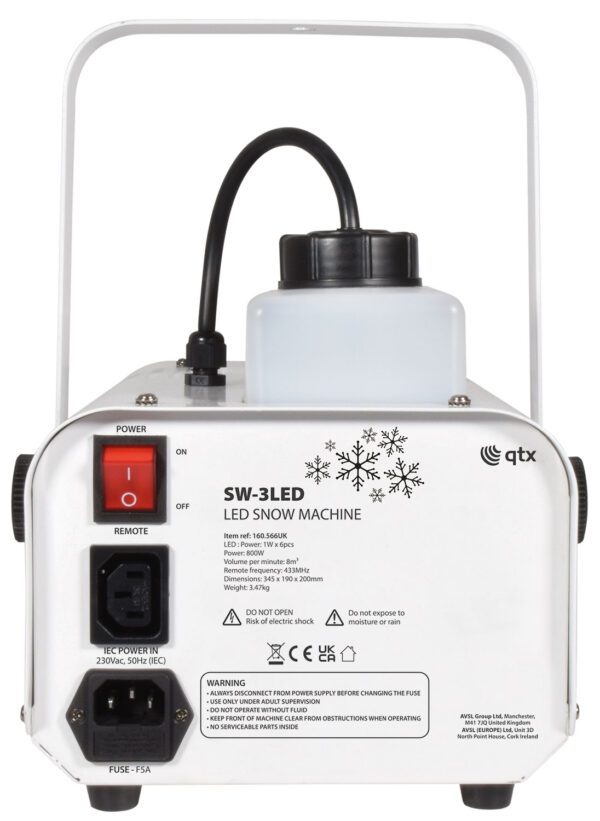 QTX LED Snow Machine 800W, 6x1W RGB, DMX, IR - Image 3