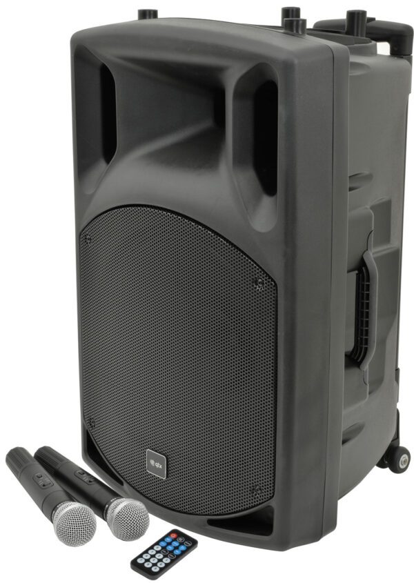QTX QX15PA, mobilní 15" zvukový systém MP3/BT/FM/2x VHF, 250W