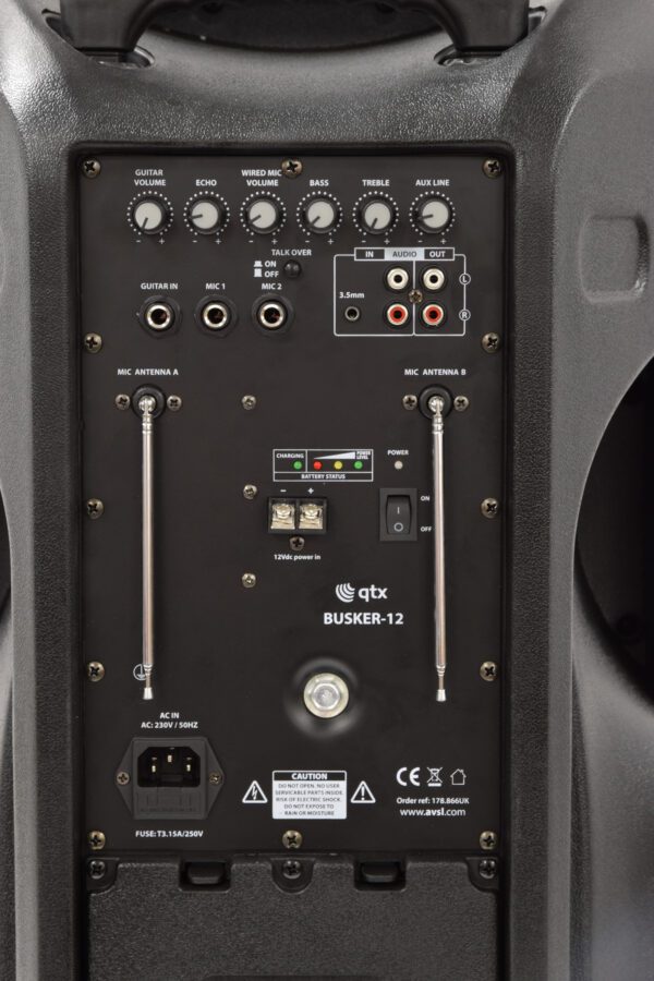 QTX BUSKER-12, mobilní 12" zvukový systém USB/SD/FM/BT/2x VHF, 80W - Image 7