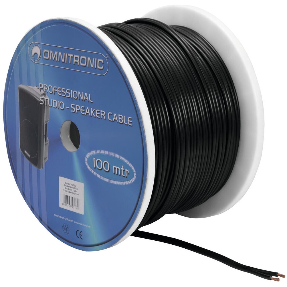 Omnitronic reproduktorový kabel, 2x2,5 mm, plochý, černý, 100 m cívka