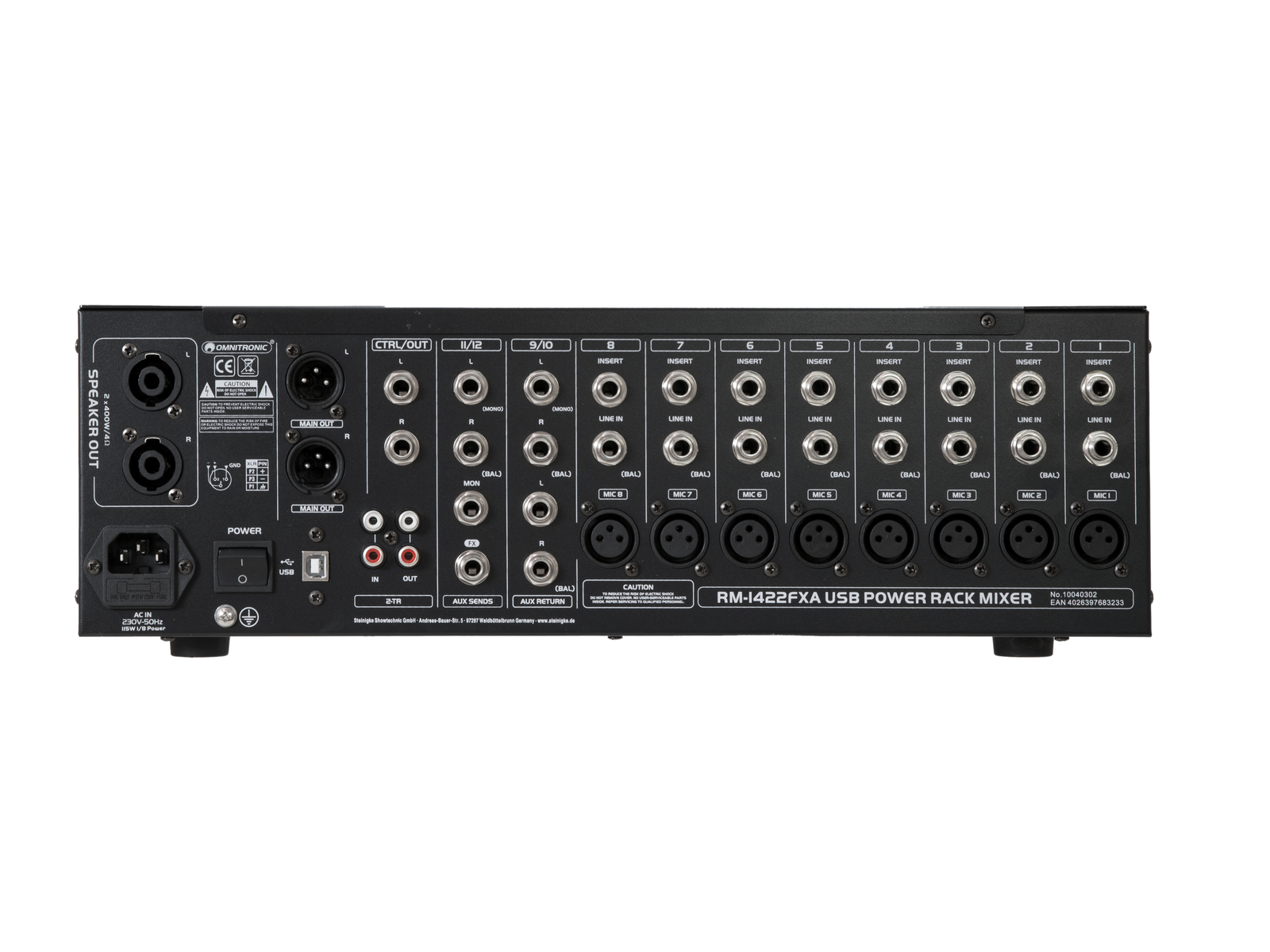 OMNITRONIC RM-1422FXA USB Rack Power Mixer - Obrázek 3