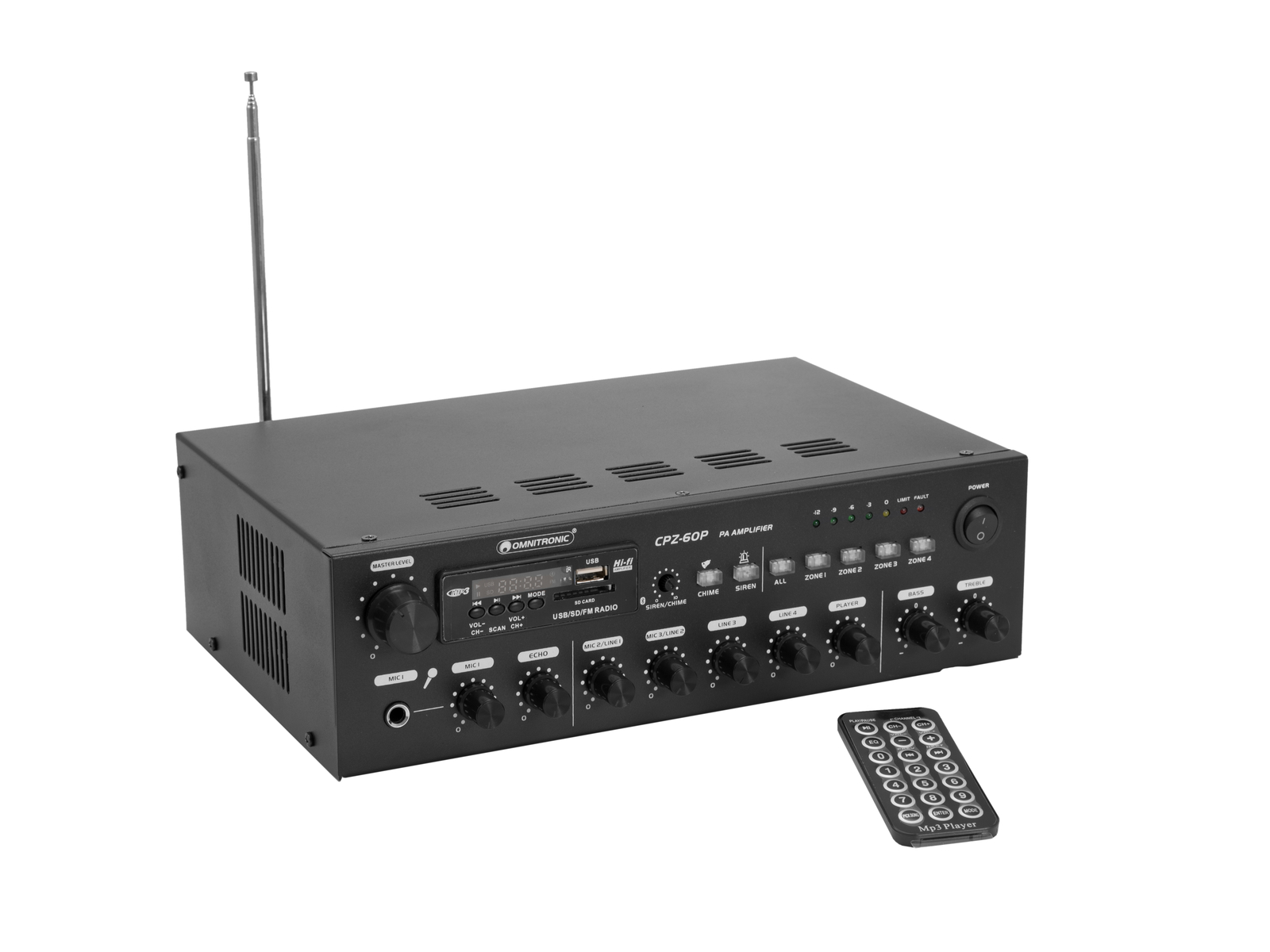 Omnitronic CPZ-60P PA, 100V 4-zónový mixážní zesilovač, 60W, BT/MP3/FM