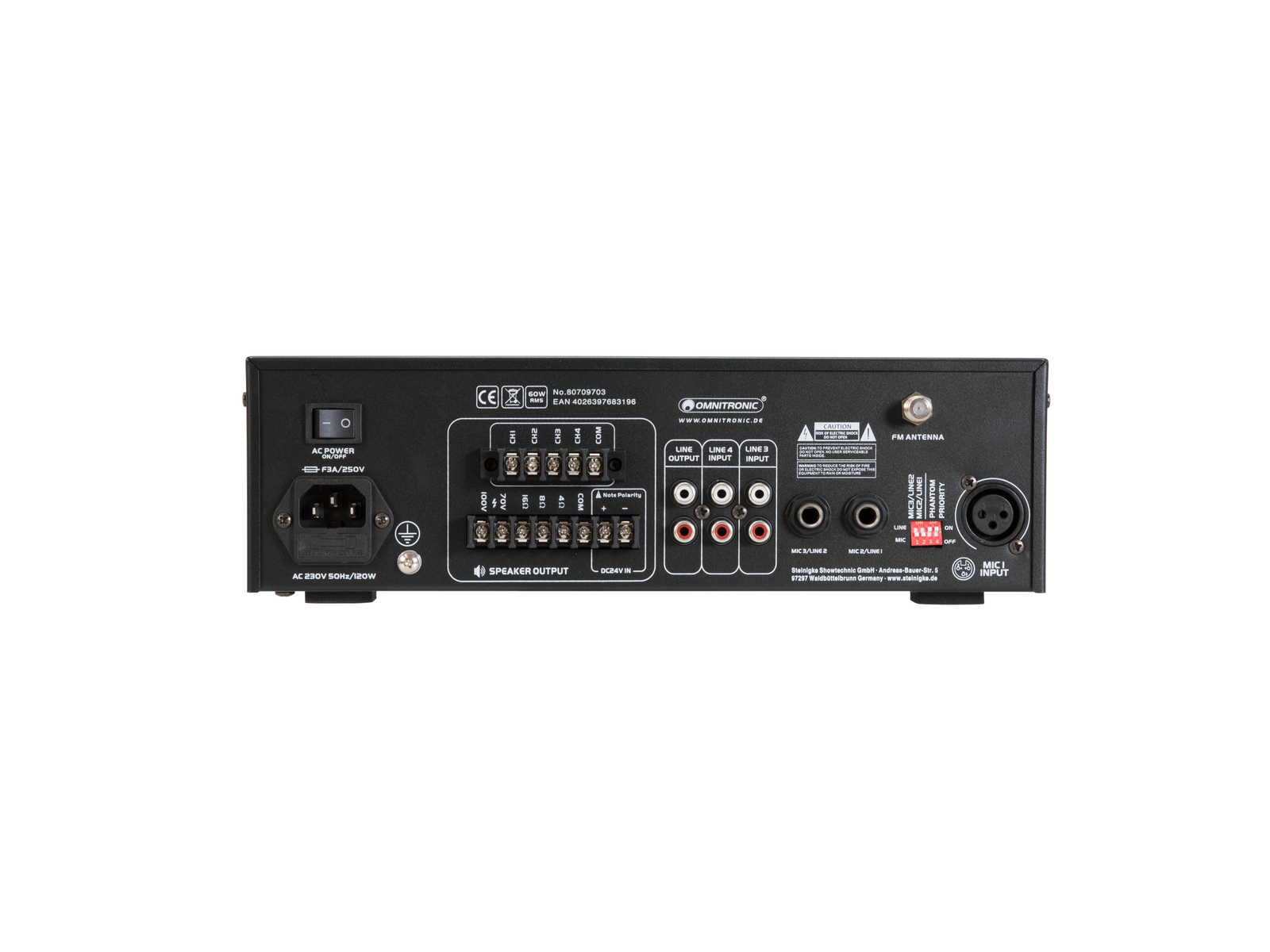 Omnitronic CPZ-60P PA, 100V 4-zónový mixážní zesilovač, 60W, BT/MP3/FM - Obrázek 3