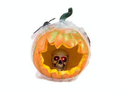 Halloween dýně v pavoučí síti s LED lebkou, 25 cm