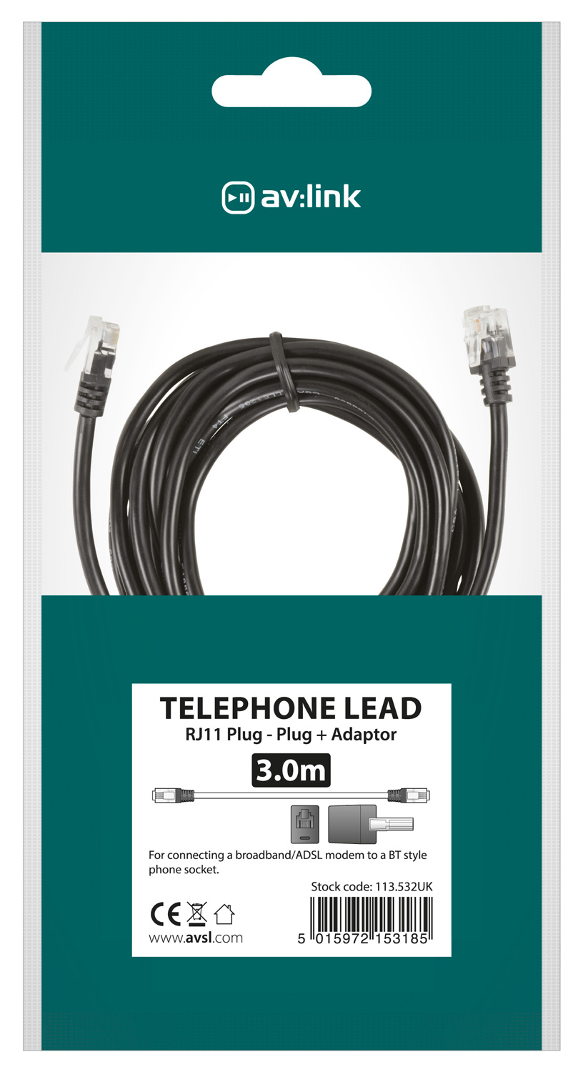 AV:link kabel telefonní 2x RJ11 6P4C samec s redukcí na BT431A, černý, 3m - Obrázek 3
