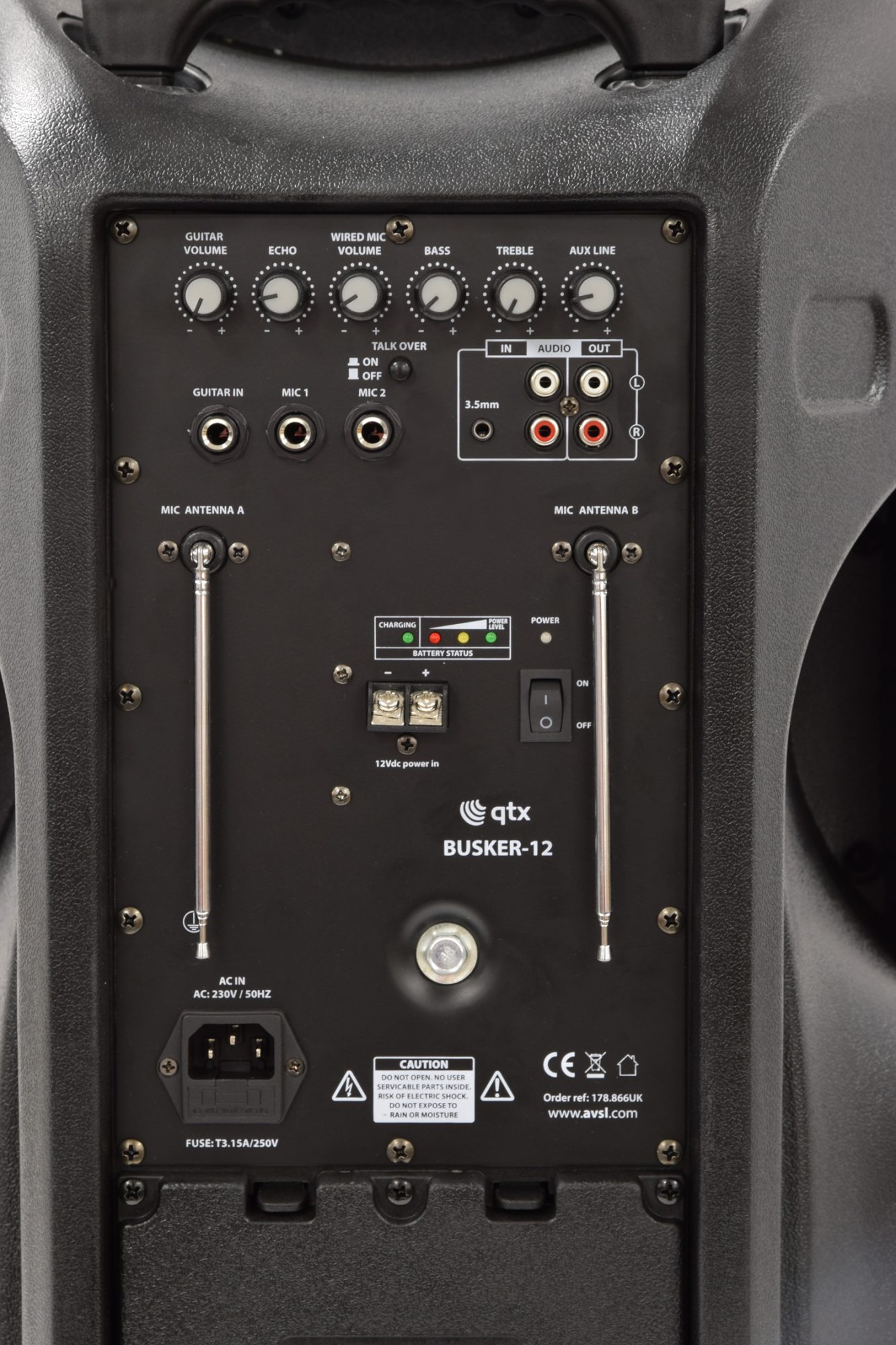 QTX BUSKER-12, mobilní 12" zvukový systém USB/SD/FM/BT/2x VHF, 80W - Obrázek 7