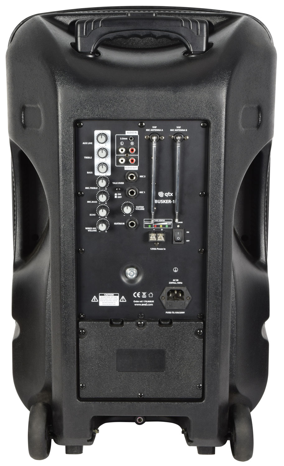 QTX BUSKER-15, mobilní 15" zvukový systém USB/SD/FM/BT/2x VHF, 100W - Obrázek 3