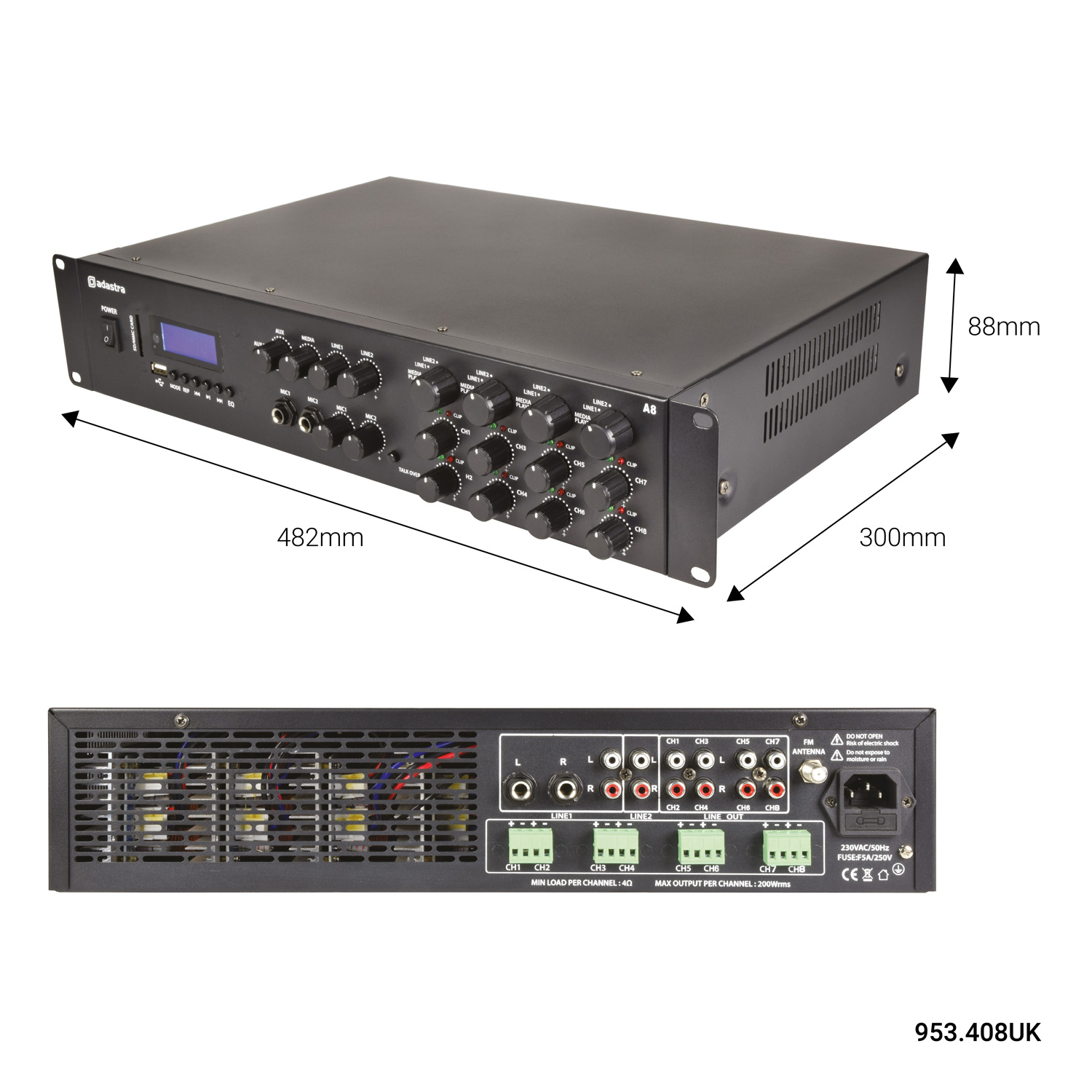 Adastra A8, mixážní 4-zónový zesilovač 8x 100W, BT/MP3/FM - Obrázek 7